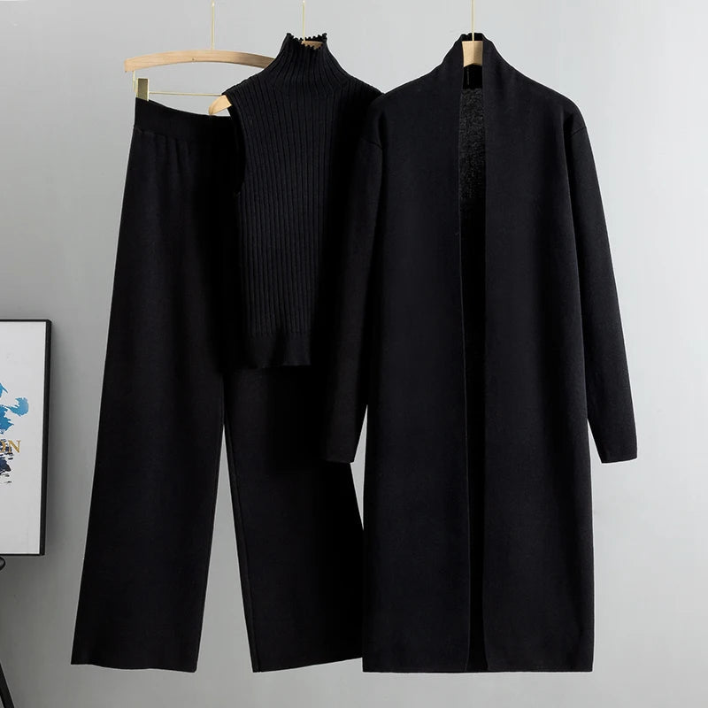 Ensemble Printemps Automne 3 Pièces Femme Cardigan Survêtement Mode Tricoté Pantalon Set Costume Pull Vintage Élégant