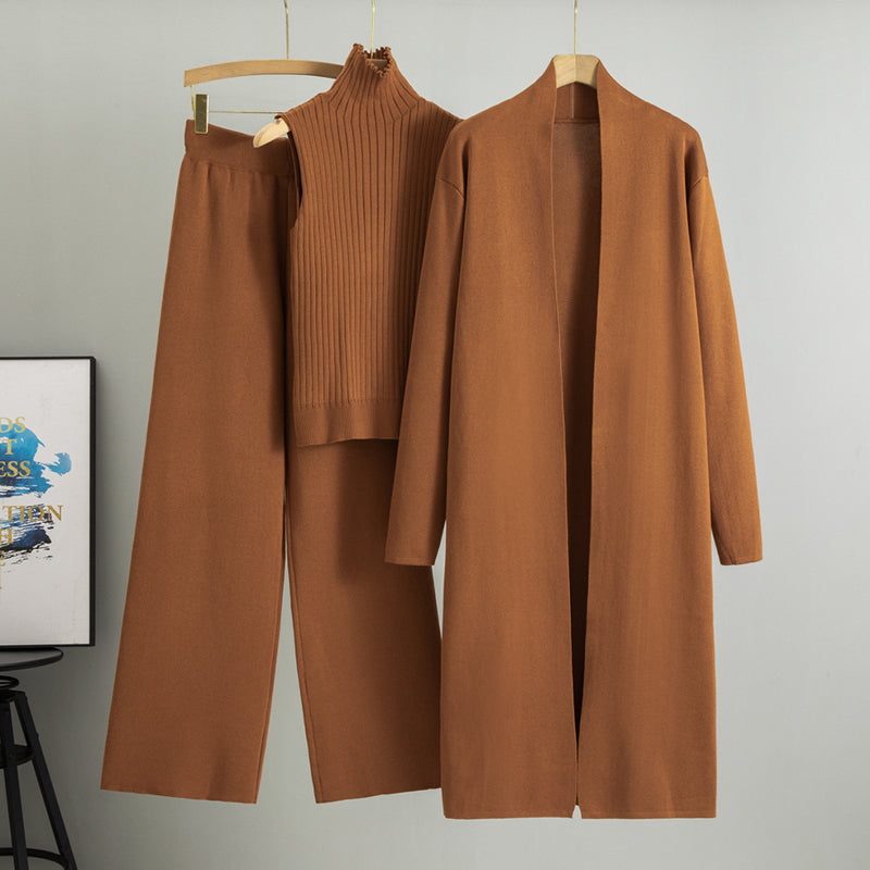 Ensemble Printemps Automne 3 Pièces Femme Cardigan Survêtement Mode Tricoté Pantalon Set Costume Pull Vintage Élégant