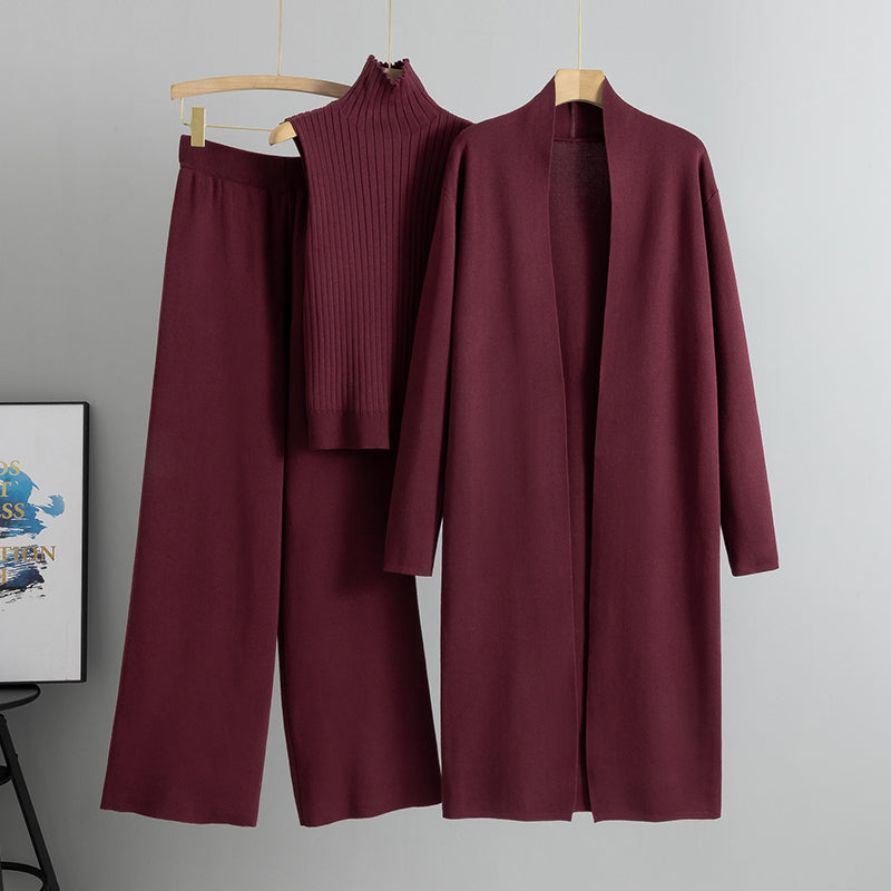 Ensemble Printemps Automne 3 Pièces Femme Cardigan Survêtement Mode Tricoté Pantalon Set Costume Pull Vintage Élégant